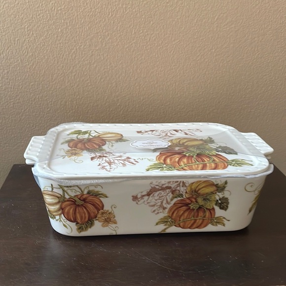 Grace Pantry Pumpkins Rectangular Porcelain Casserole Baking Dish & Lid New - Picture 4 of 4